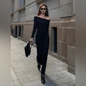 Commense Off Shoulder Ribbed Long Sleeve Knit Long Dress